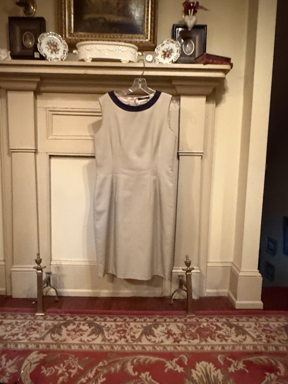 Tahari Beige Midi Dress with Navy Trim